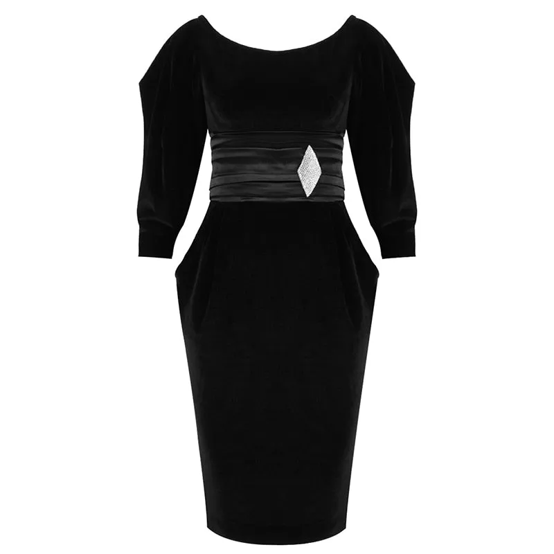 Chic Black Velvet Mini Dress Pocket Desgin Elegant Diamond Brooch Celebrity Party Vestido
