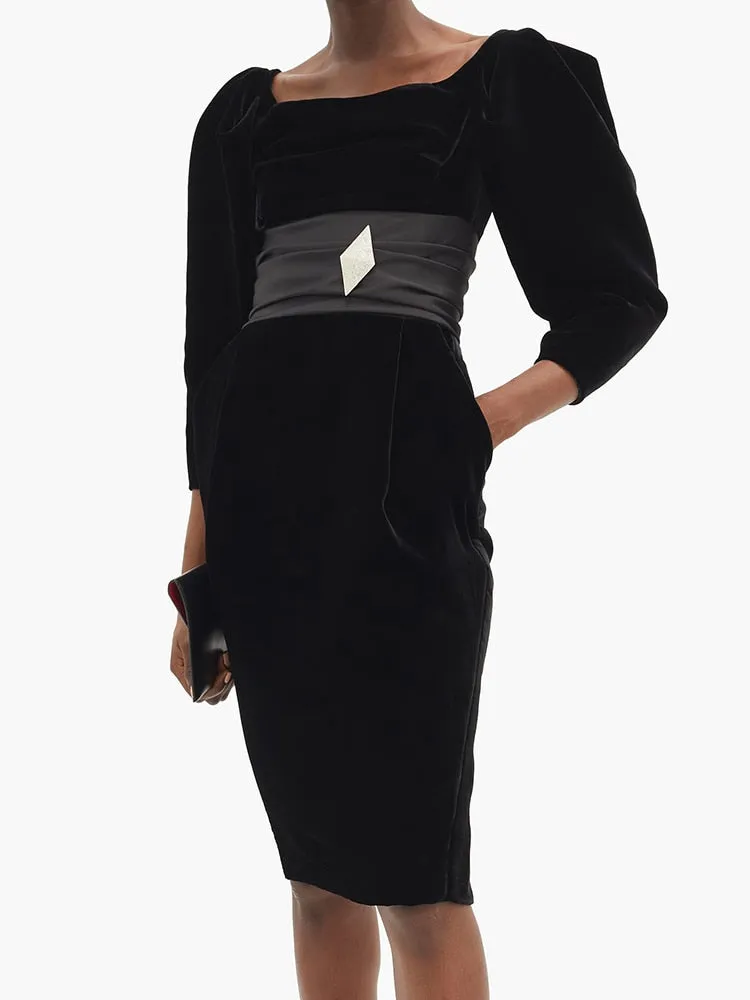 Chic Black Velvet Mini Dress Pocket Desgin Elegant Diamond Brooch Celebrity Party Vestido