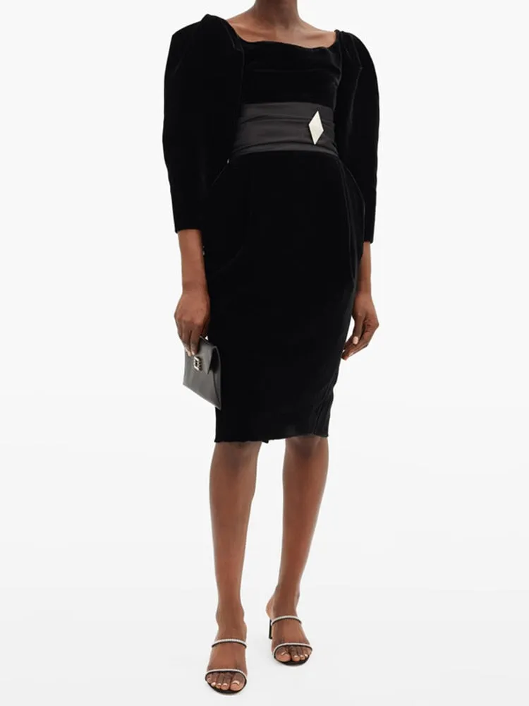 Chic Black Velvet Mini Dress Pocket Desgin Elegant Diamond Brooch Celebrity Party Vestido