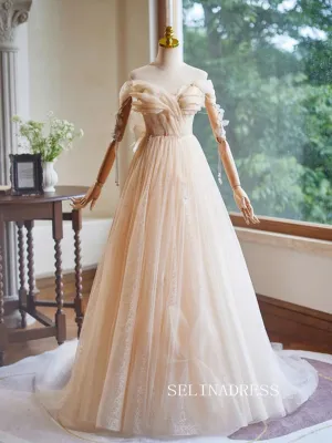 Chic Champagne Sparkly Lace Long Prom Dress Elegant Off-the-shuolder Butterfly Evening Gowns TKL1899 Chic Champagne Sparkly Lace Long Prom Dress Elegant Off-the-shuolder Butterfly Evening Gowns TKL1899