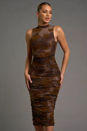 CHIC FLORAL VELVET FLOCKING MESH HALTER MIDI DRESS