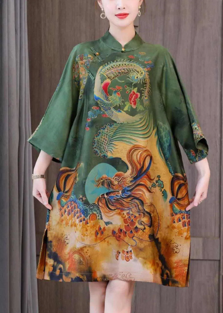 Chic Green Print Chinese Style Silk A Line Dresses Spring LC0241