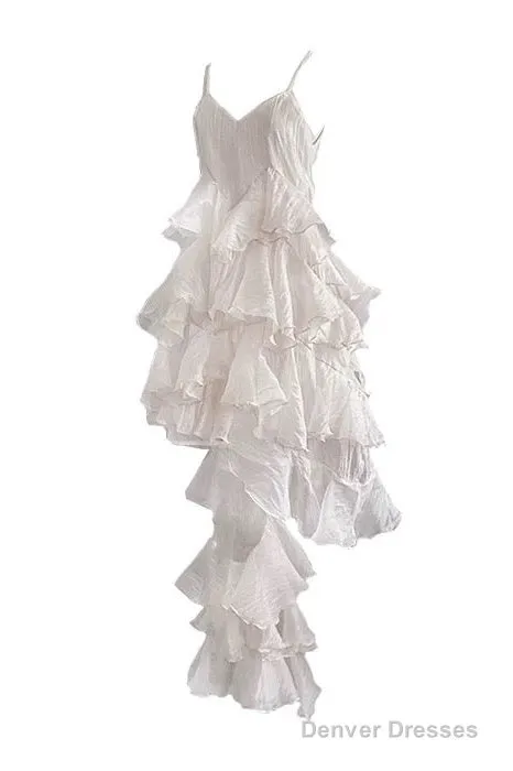 Chic High Low Spaghetti Straps Prom Dresses Birthday Dress With Ruffles