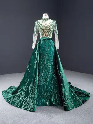 Chic Mermaid High Neck Long Sleeve luxury Prom Dress Detachable Trailing Green Evening Gowns MLH0451