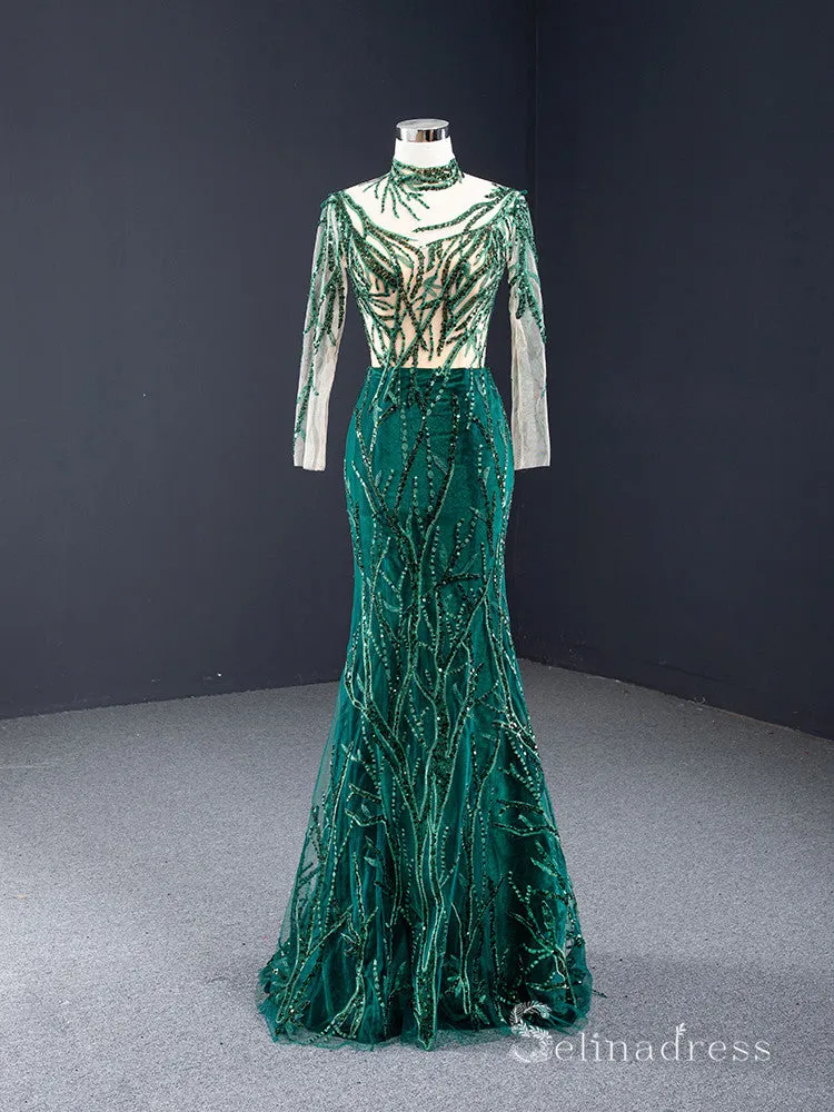 Chic Mermaid High Neck Long Sleeve luxury Prom Dress Detachable Trailing Green Evening Gowns MLH0451