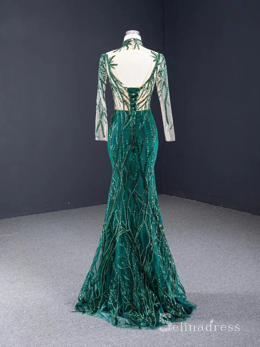 Chic Mermaid High Neck Long Sleeve luxury Prom Dress Detachable Trailing Green Evening Gowns MLH0451