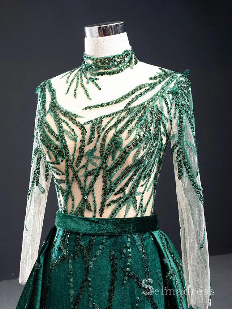 Chic Mermaid High Neck Long Sleeve luxury Prom Dress Detachable Trailing Green Evening Gowns MLH0451