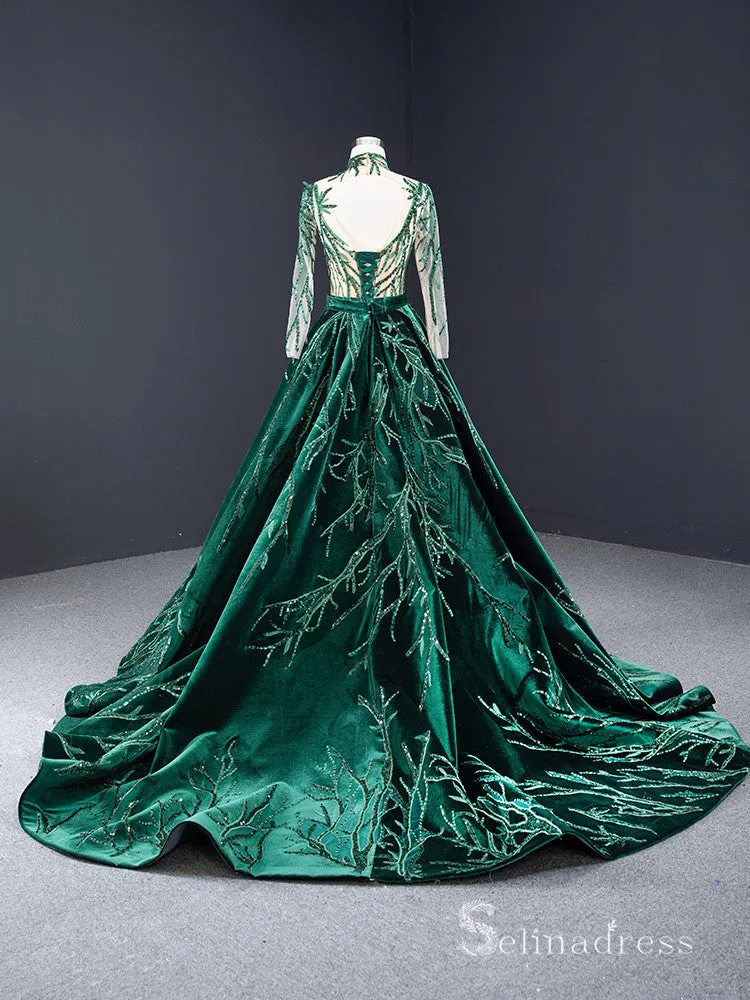 Chic Mermaid High Neck Long Sleeve luxury Prom Dress Detachable Trailing Green Evening Gowns MLH0451