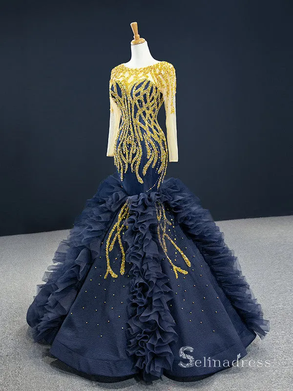 Chic Mermaid Scoop Long Sleeve luxury Long Prom Dress Dark Navy Gold Beaded Evening Gowns MLH0459