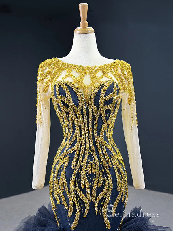 Chic Mermaid Scoop Long Sleeve luxury Long Prom Dress Dark Navy Gold Beaded Evening Gowns MLH0459