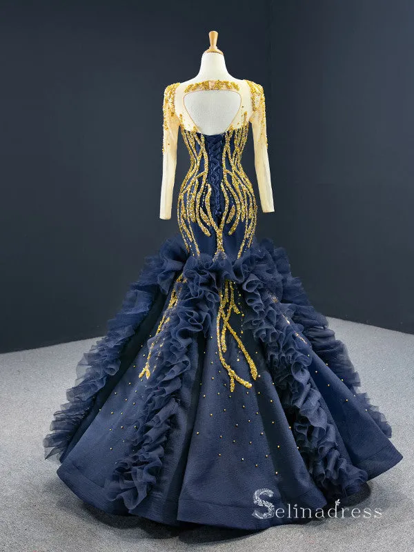 Chic Mermaid Scoop Long Sleeve luxury Long Prom Dress Dark Navy Gold Beaded Evening Gowns MLH0459