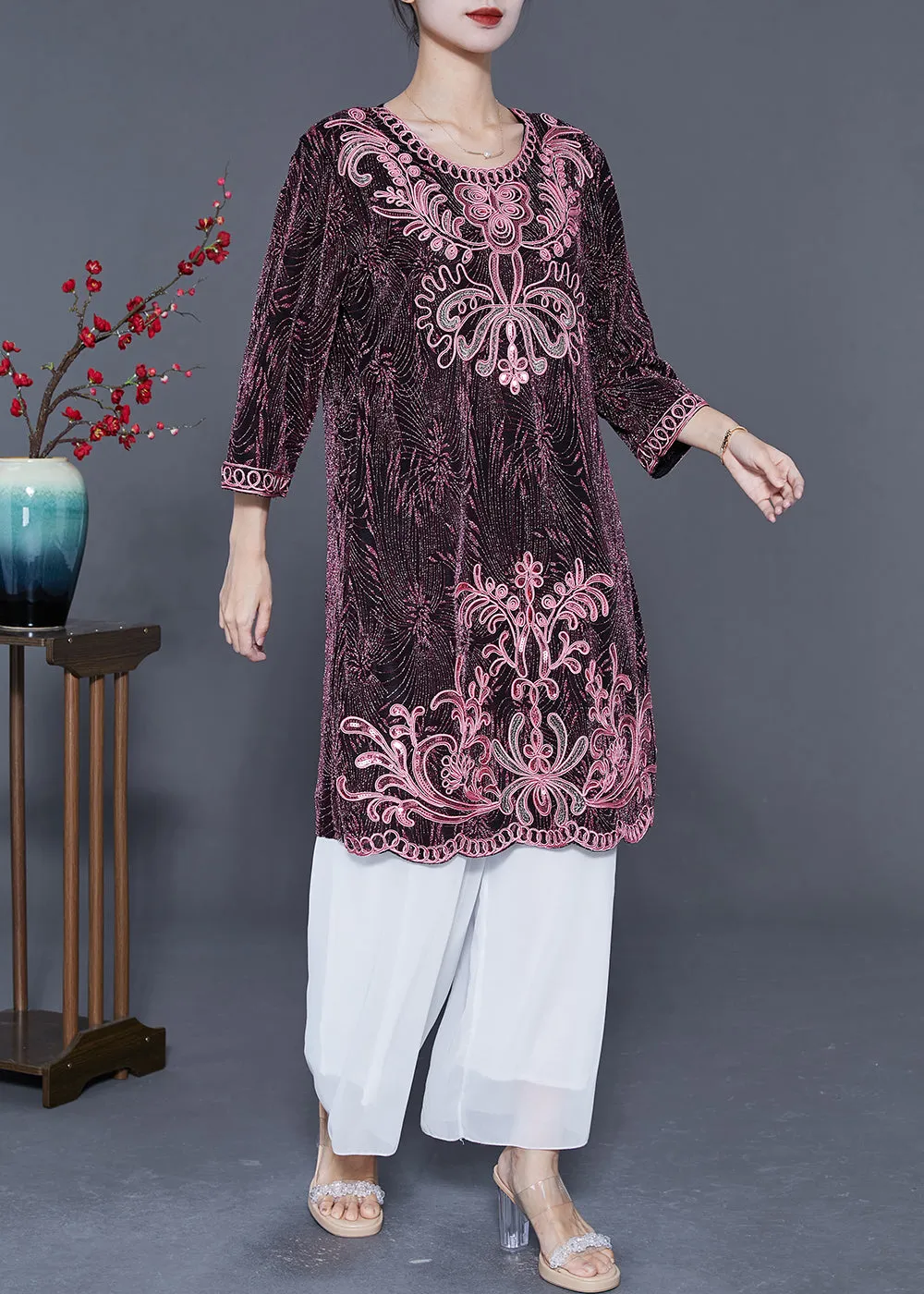 Chic Pink O-Neck Embroideried Silk Vacation Dresses Bracelet Sleeve