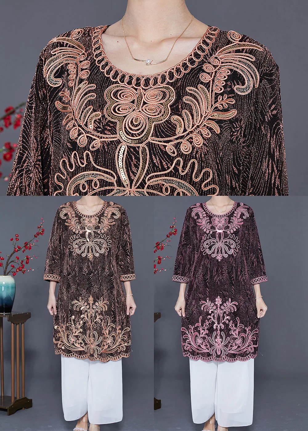 Chic Pink O-Neck Embroideried Silk Vacation Dresses Bracelet Sleeve