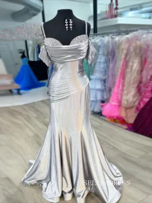 Chic Sheath/Column Spaghetti Straps Long Prom Dresses Silver Evening Party Dress sew0205