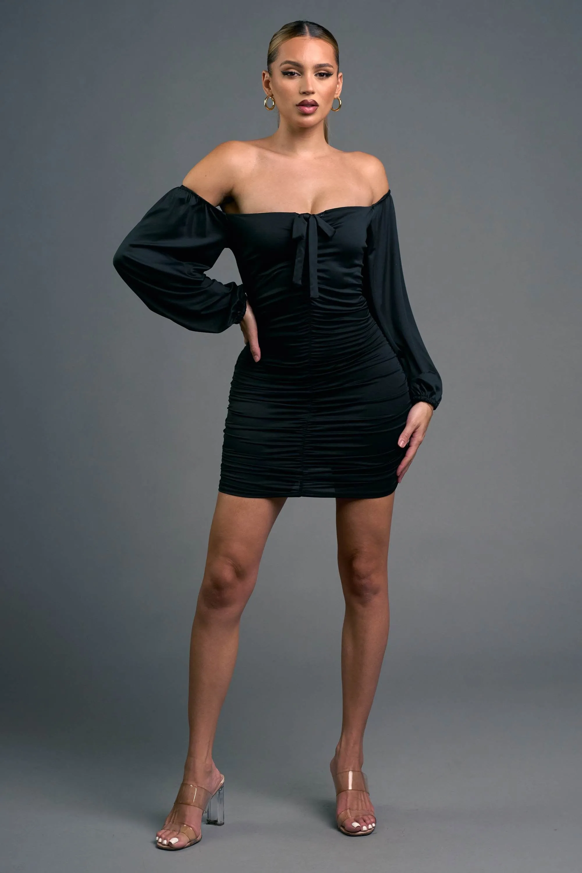 CHIC VENECHIA SOLID OFF SHOULDER RUCHED MINI DRESS