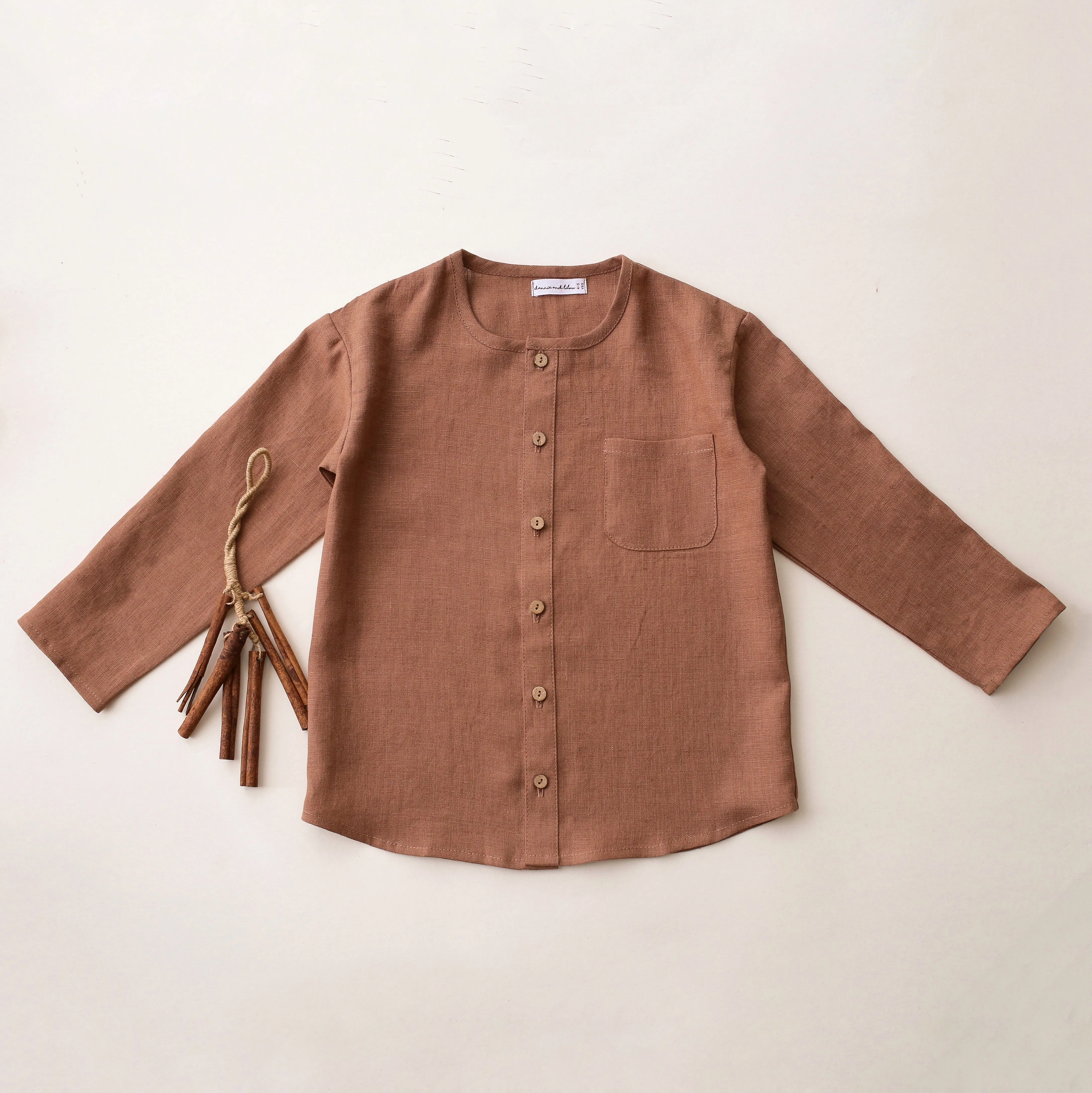 Cocoa Brown Linen Long Sleeve Buttoned Top with Curved Hemline