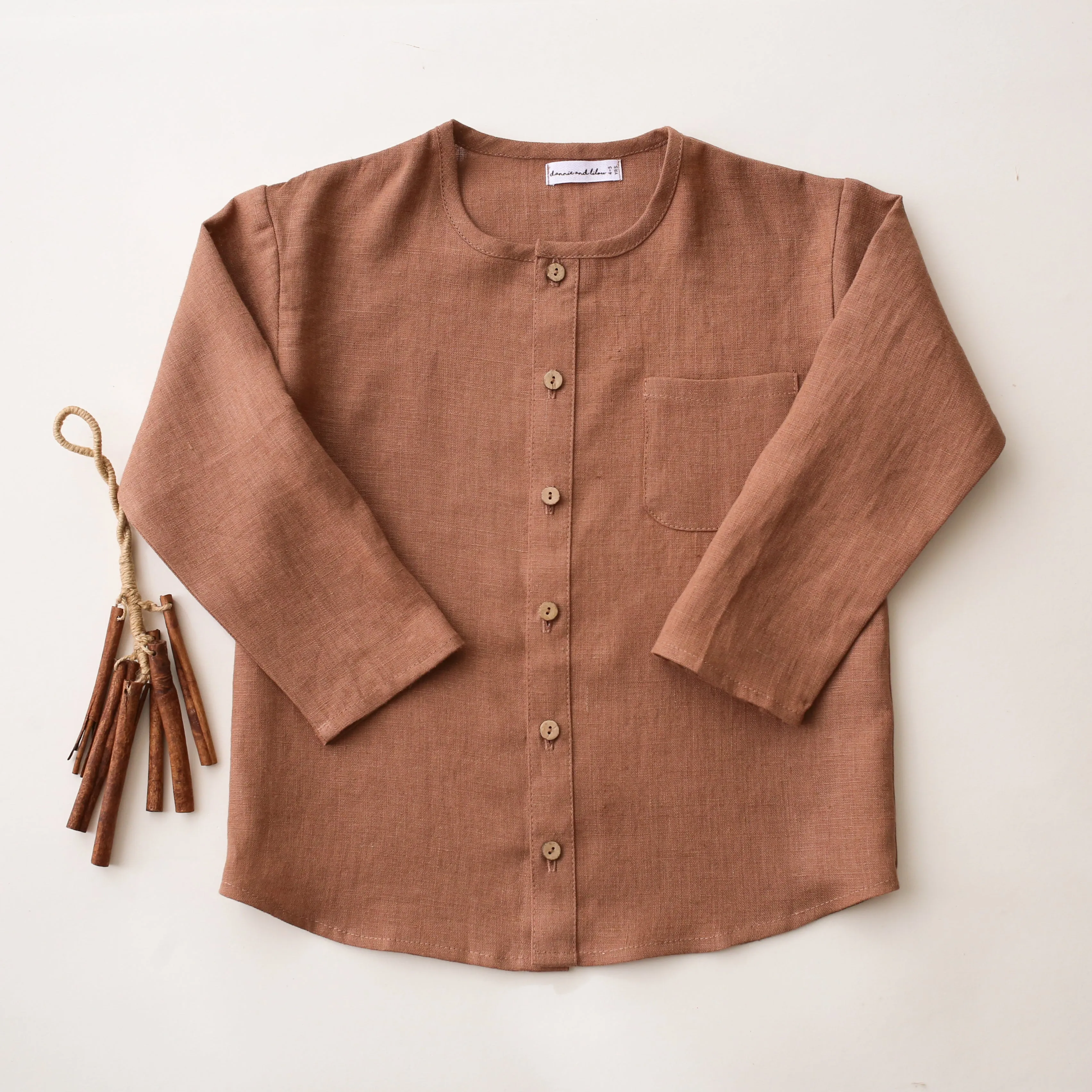 Cocoa Brown Linen Long Sleeve Buttoned Top with Curved Hemline
