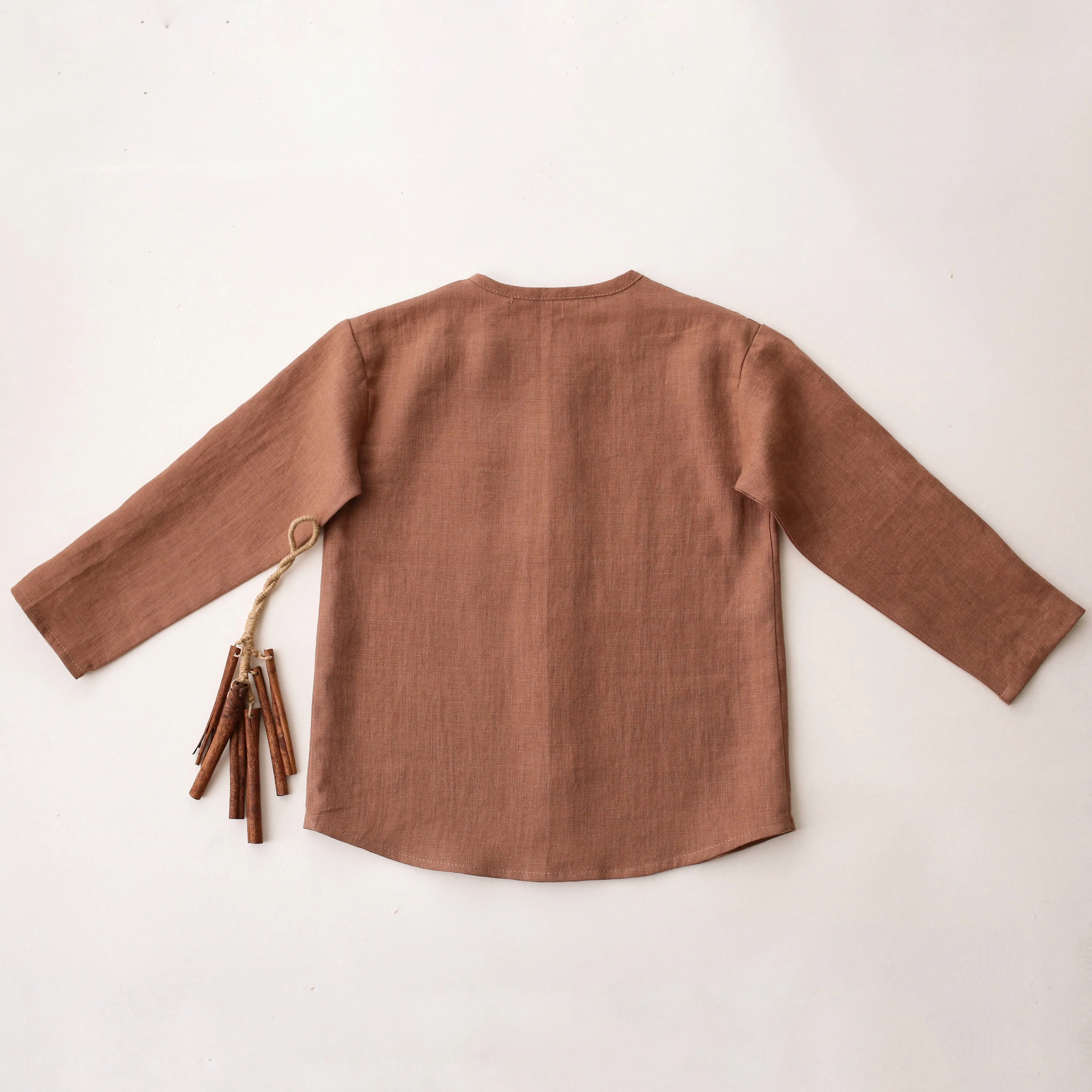 Cocoa Brown Linen Long Sleeve Buttoned Top with Curved Hemline