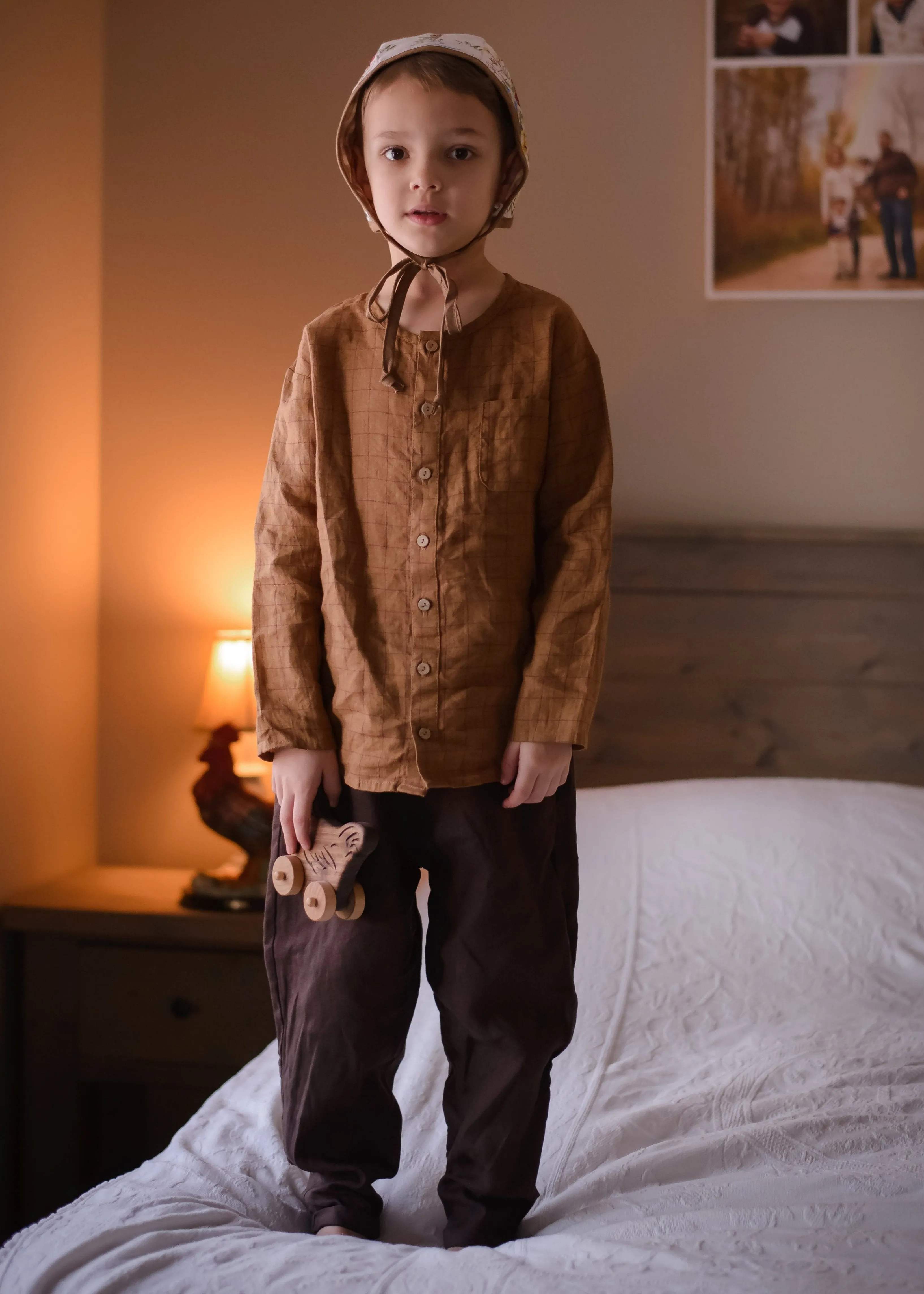 Cocoa Brown Linen Long Sleeve Buttoned Top with Curved Hemline