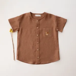 Cocoa Brown Linen Short Sleeve Buttoned Top with Curved Hemline with "Mushrooms" Embroidery