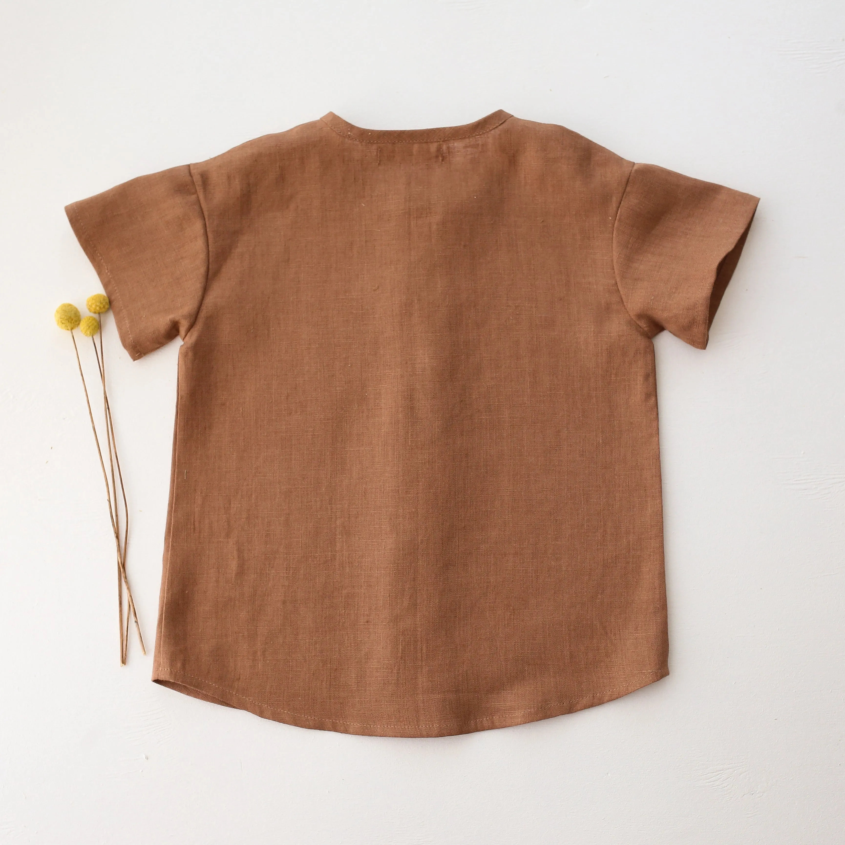 Cocoa Brown Linen Short Sleeve Buttoned Top with Curved Hemline with "Mushrooms" Embroidery