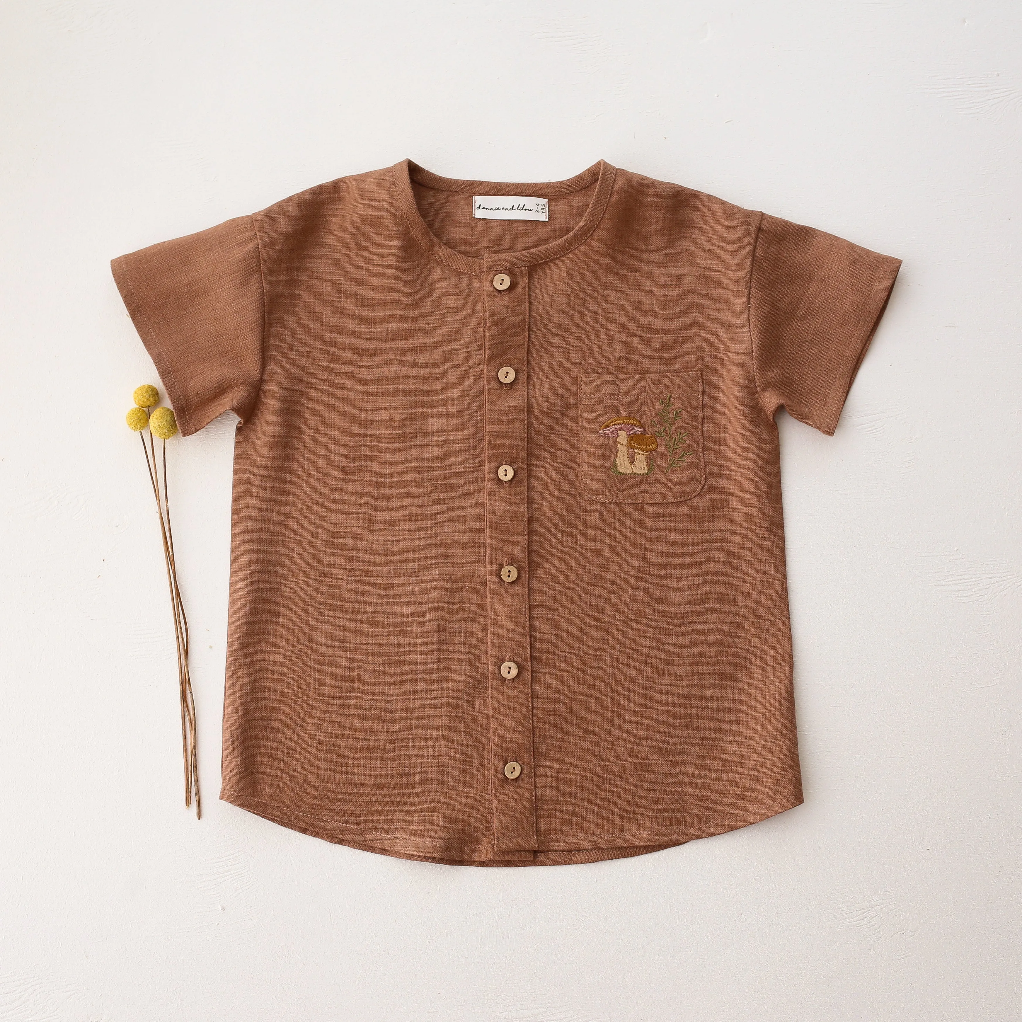 Cocoa Brown Linen Short Sleeve Buttoned Top with Curved Hemline with "Mushrooms" Embroidery