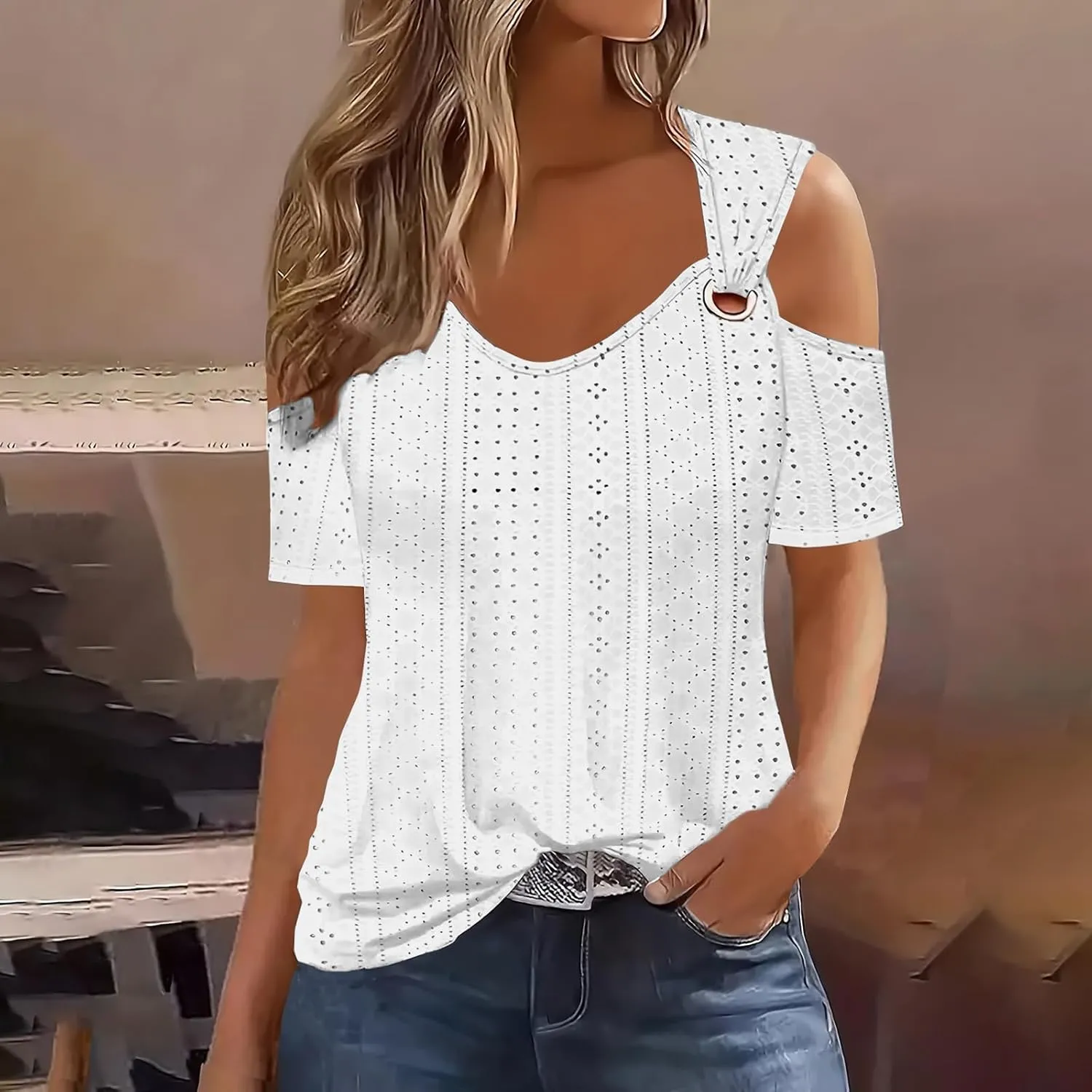 Cold Shoulder Tops for Women 2024 Casual Summer Sexy Eyelet Tunic Shirts Short Sleeve V Neck Boho Blouses