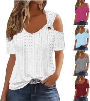 Cold Shoulder Tops for Women 2024 Casual Summer Sexy Eyelet Tunic Shirts Short Sleeve V Neck Boho Blouses