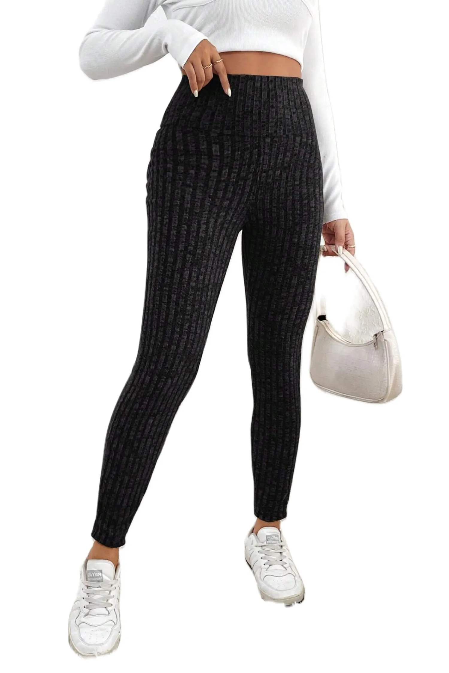 Comfortable Elastic Ribbed Leggings - Ideal for Daily Wear,Black,(US 4-6) S