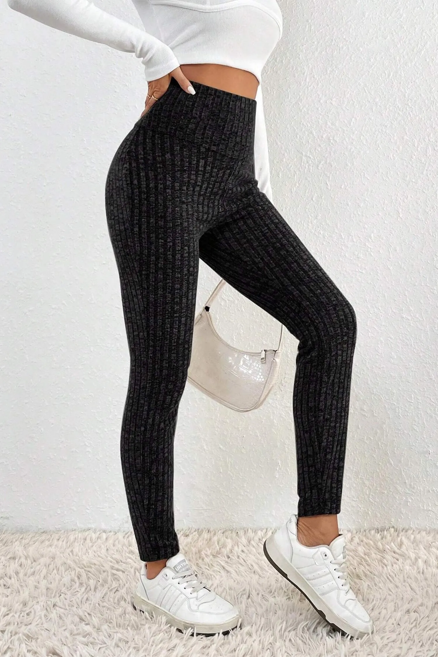 Comfortable Elastic Ribbed Leggings - Ideal for Daily Wear,Black,(US 4-6) S