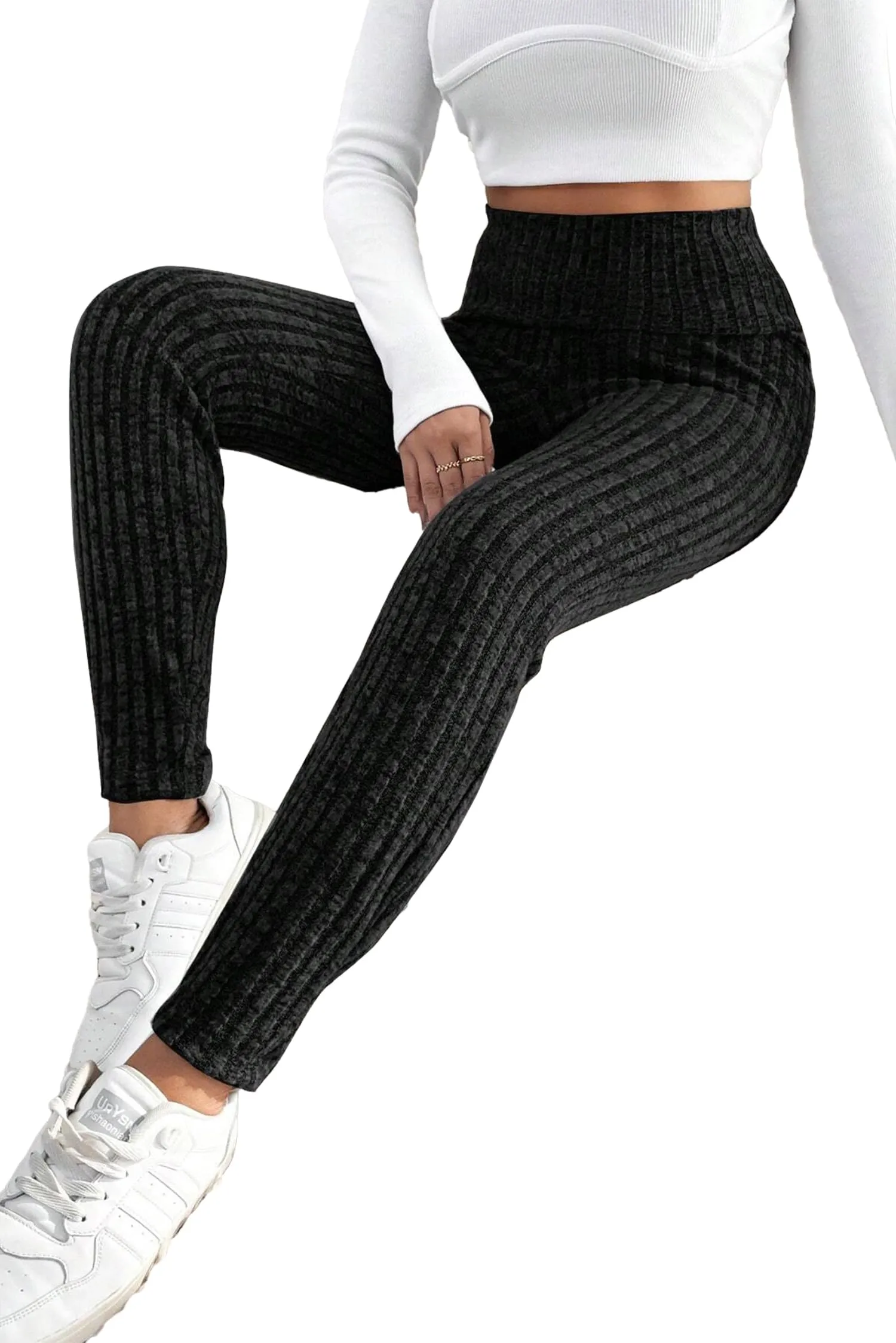 Comfortable Elastic Ribbed Leggings - Ideal for Daily Wear,Black,(US 4-6) S