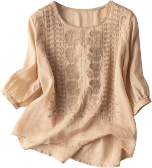 Cotton Linen Shirts for Women 2025 Trendy Summer Retro Embroidered 3/4 Sleeve Boho Blouse Dressy Casual Vacation Top