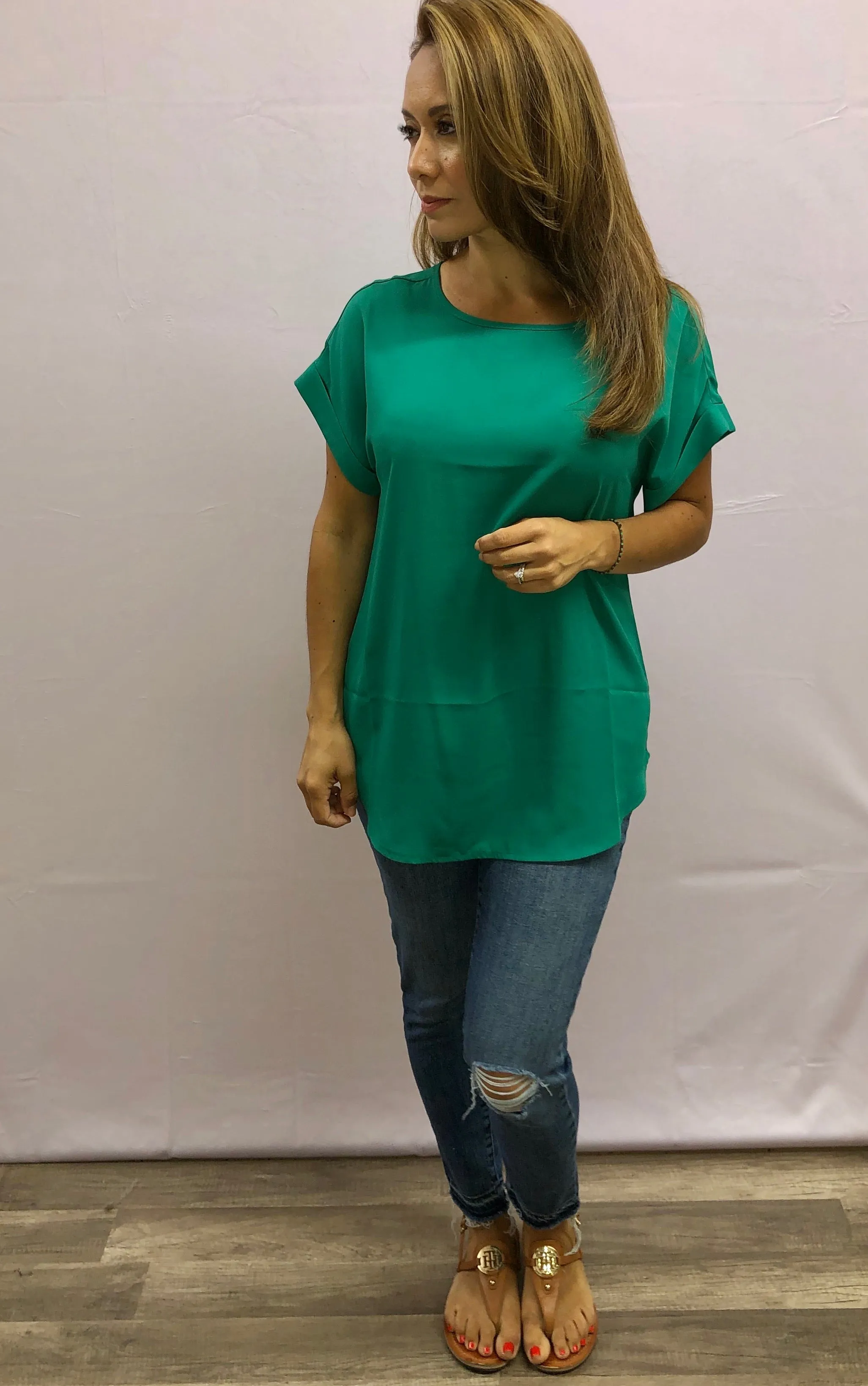 Cuffed Boxy Blouse in Clover Green