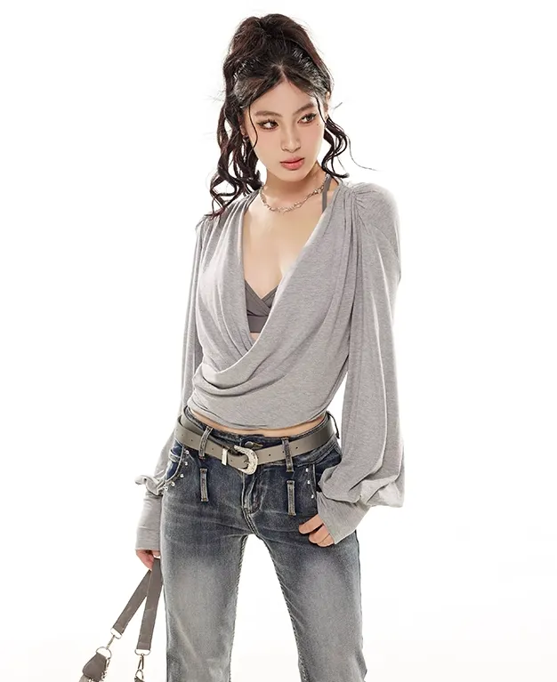 Draped Crossover Long Sleeve Mid-Crop Top