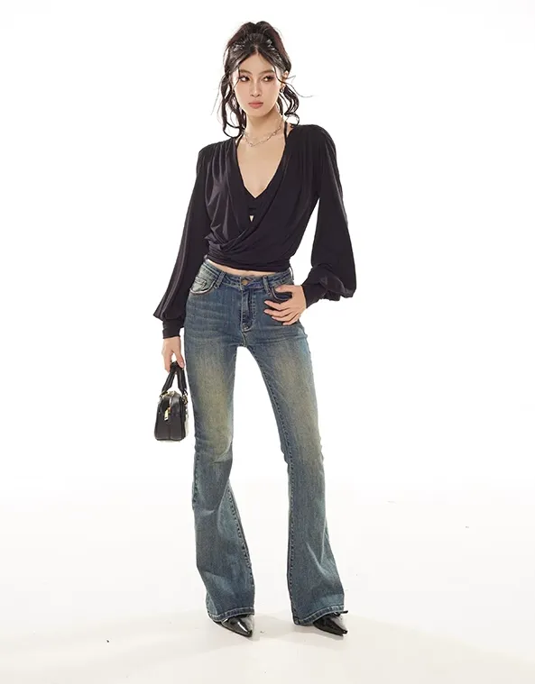 Draped Crossover Long Sleeve Mid-Crop Top