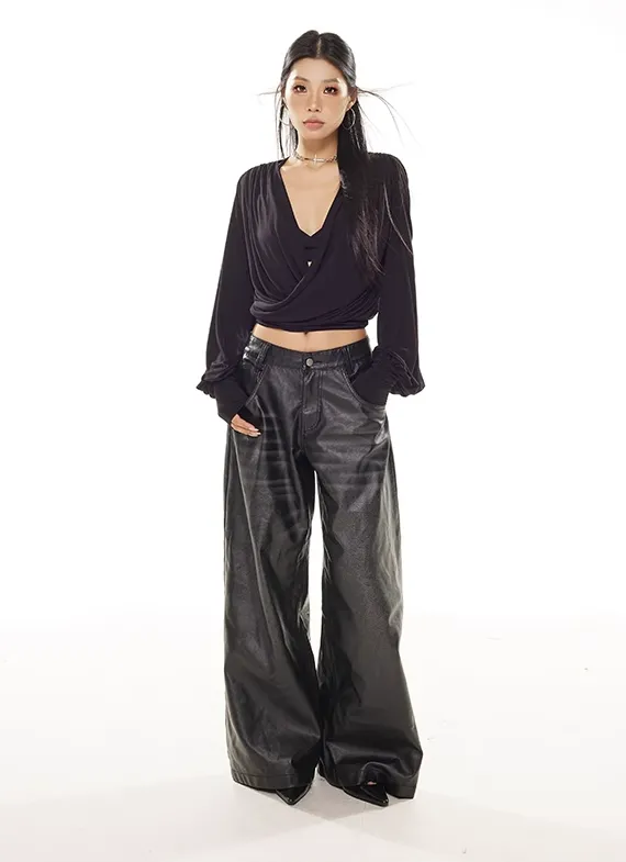 Draped Crossover Long Sleeve Mid-Crop Top
