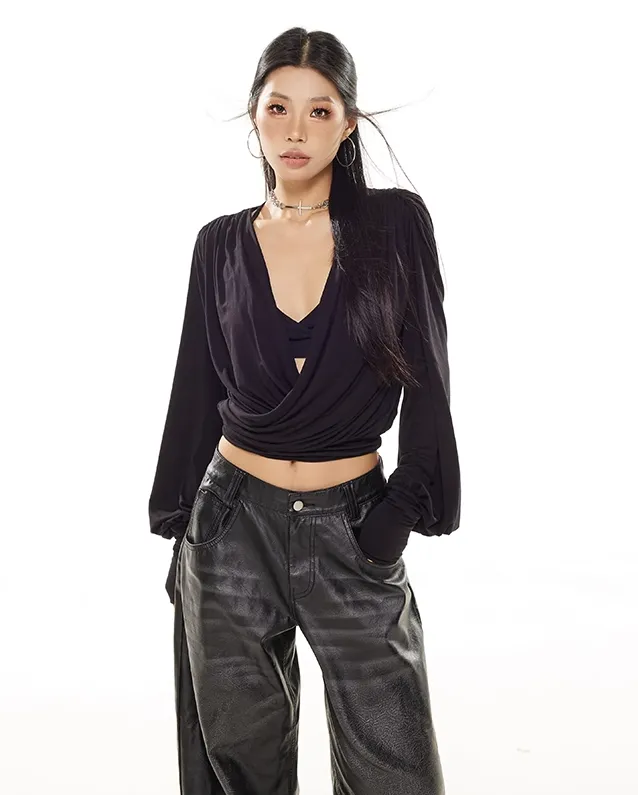 Draped Crossover Long Sleeve Mid-Crop Top