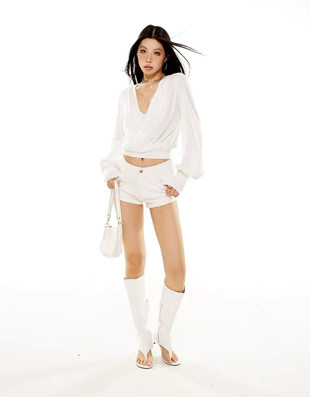 Draped Crossover Long Sleeve Mid-Crop Top