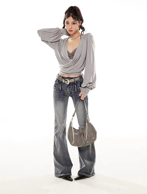 Draped Crossover Long Sleeve Mid-Crop Top