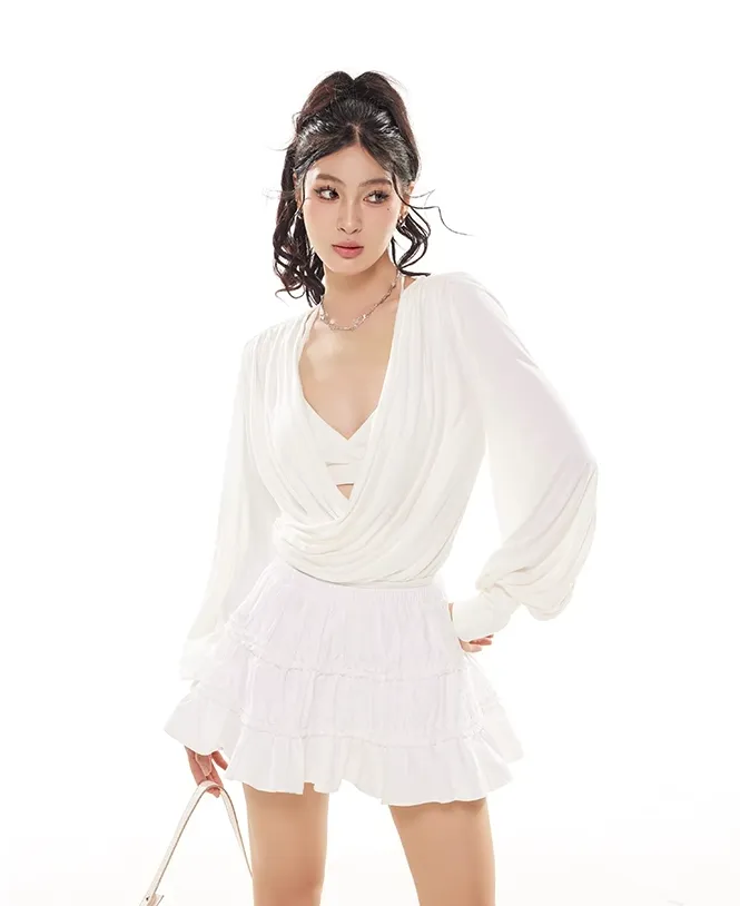 Draped Crossover Long Sleeve Mid-Crop Top