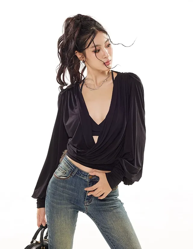 Draped Crossover Long Sleeve Mid-Crop Top