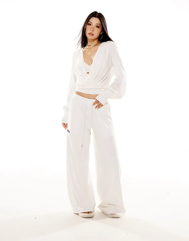 Draped Crossover Long Sleeve Mid-Crop Top