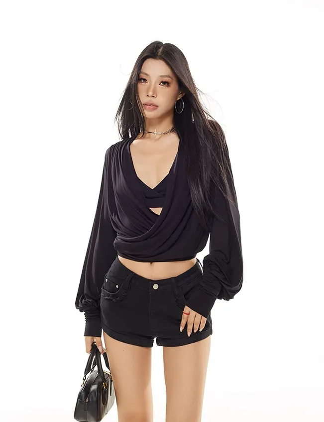 Draped Crossover Long Sleeve Mid-Crop Top