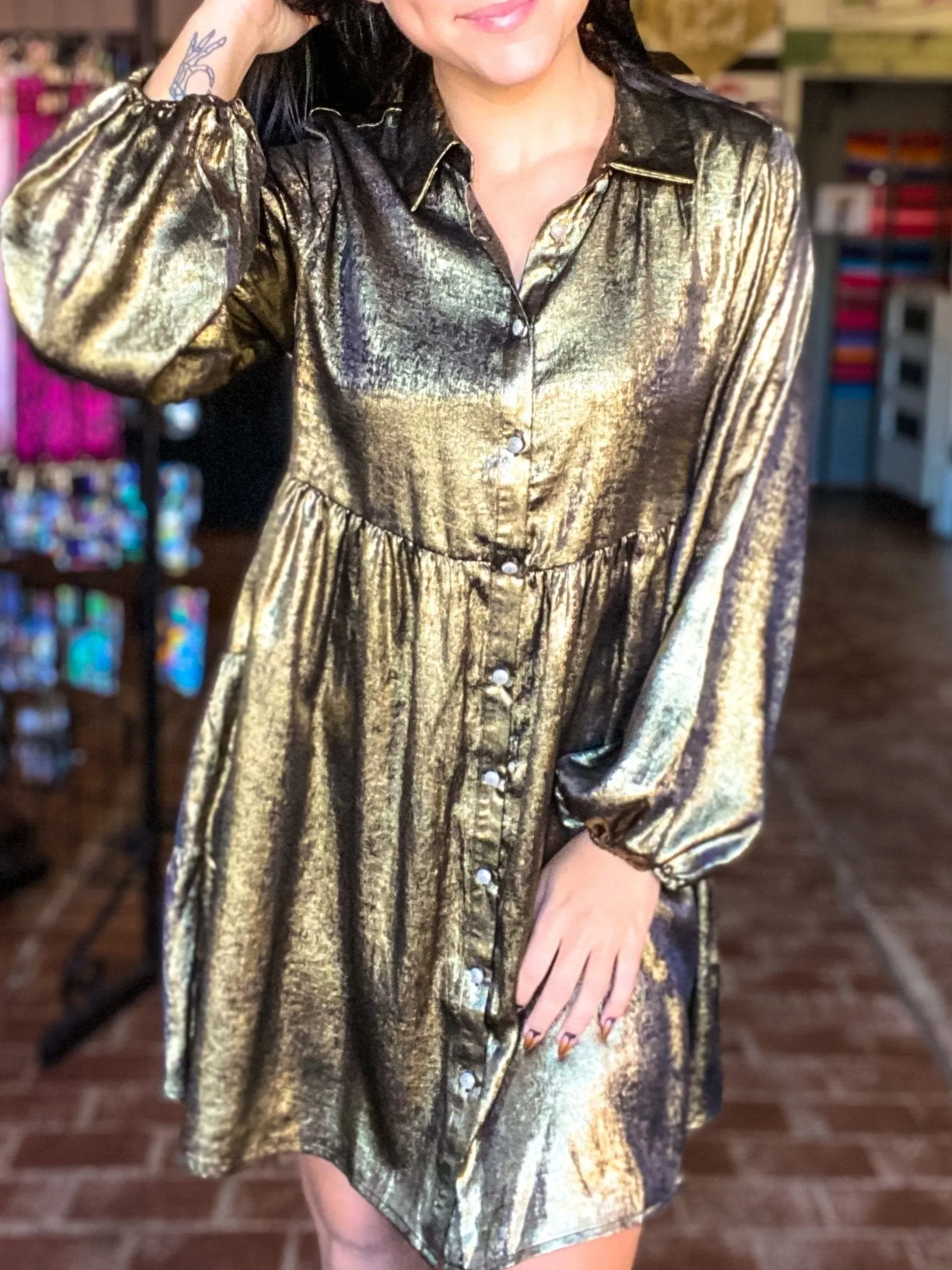 Emi Button Front Dress Bronze Shimmer