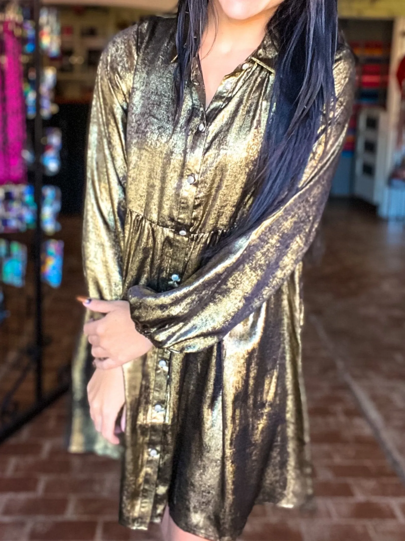 Emi Button Front Dress Bronze Shimmer