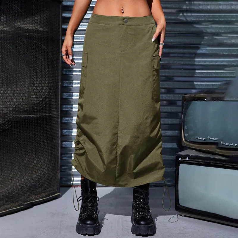 Flap Pocket Drawstring Waist Cargo Skirt