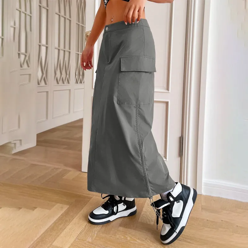 Flap Pocket Drawstring Waist Cargo Skirt