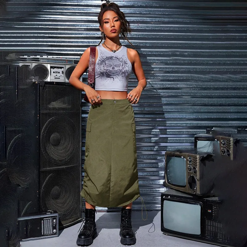 Flap Pocket Drawstring Waist Cargo Skirt