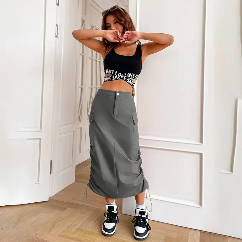 Flap Pocket Drawstring Waist Cargo Skirt
