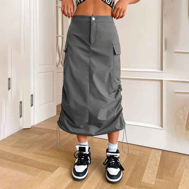 Flap Pocket Drawstring Waist Cargo Skirt